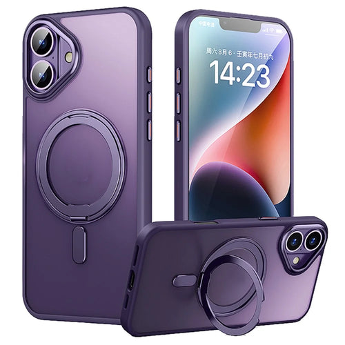 For iPhone 16 Case Compatible with MagSafe TPU+Acrylic+Metal Kickstand Matte Phone Cover - Purple - 1