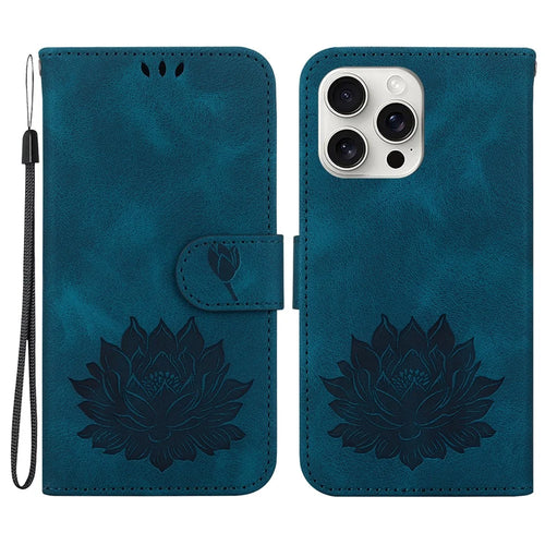 For iPhone 16 Pro Max Phone Case Lotus Imprint Leather Stand Wallet Cover - Blue - 1