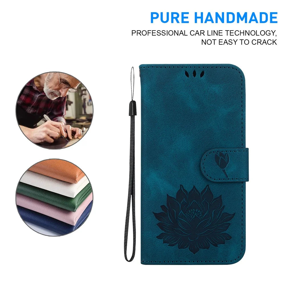 For iPhone 16 Pro Max Phone Case Lotus Imprint Leather Stand Wallet Cover - Blue - 4