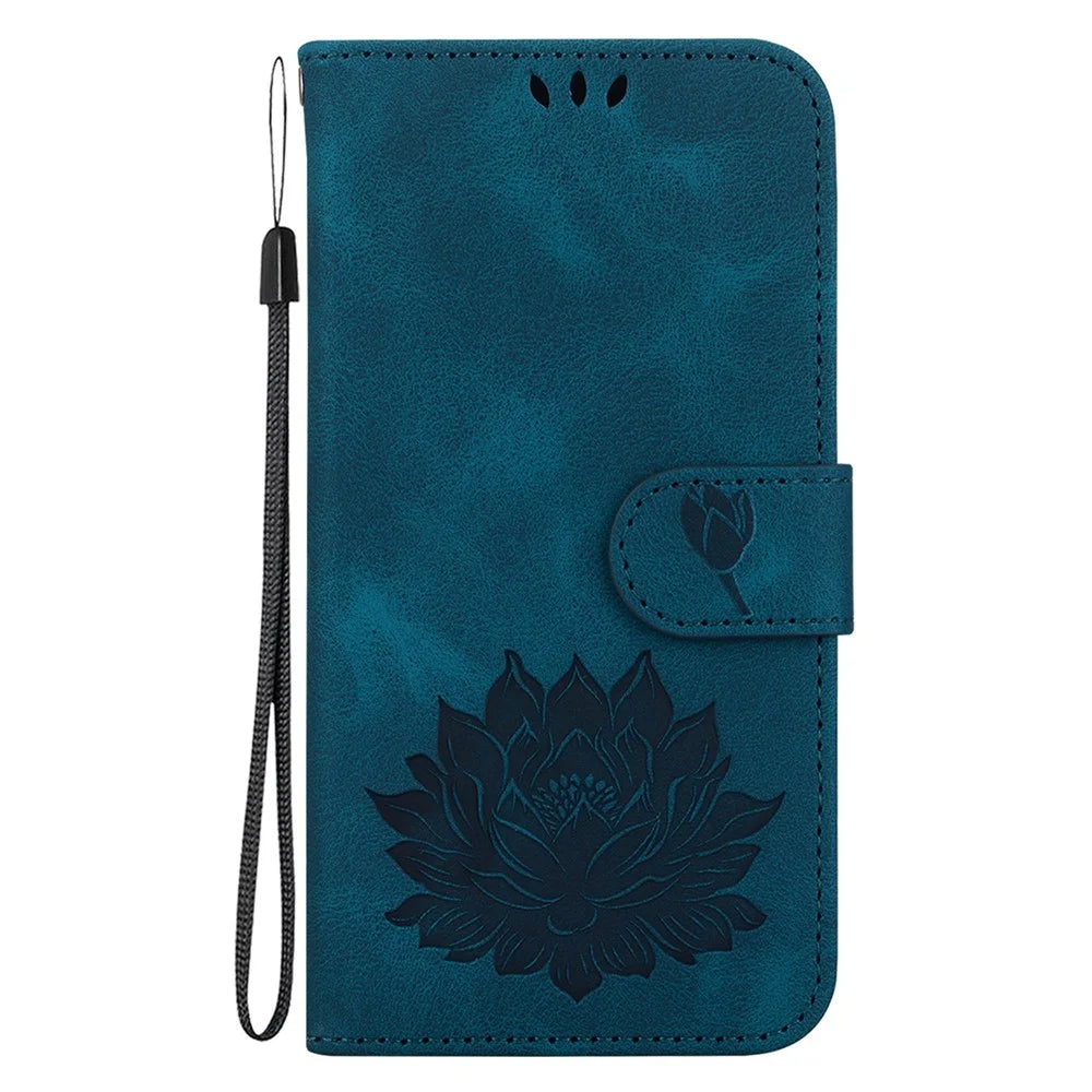 For iPhone 16 Pro Max Phone Case Lotus Imprint Leather Stand Wallet Cover - Blue - 7