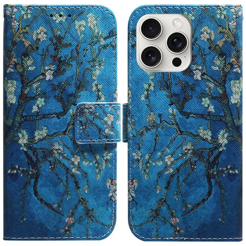 For iPhone 16 Pro Max Wallet Case Pattern Print Leather Phone Cover - Apricot Flowers - 1