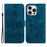 For iPhone 16 Pro Max Wallet Case PU Leather Phone Cover Flower Imprinted - Dark Blue - 1