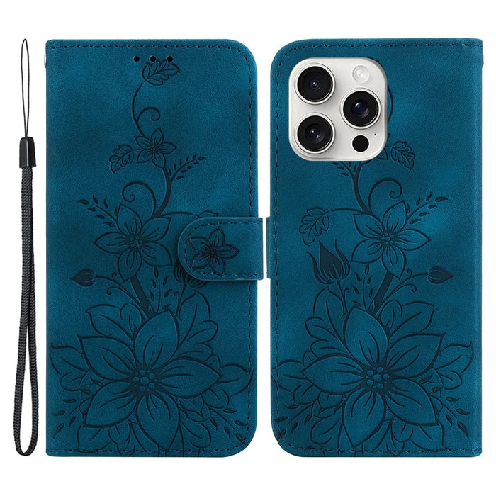 For iPhone 16 Pro Max Wallet Case PU Leather Phone Cover Flower Imprinted - Dark Blue - 1