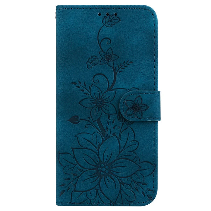For iPhone 16 Pro Max Wallet Case PU Leather Phone Cover Flower Imprinted - Dark Blue - 6