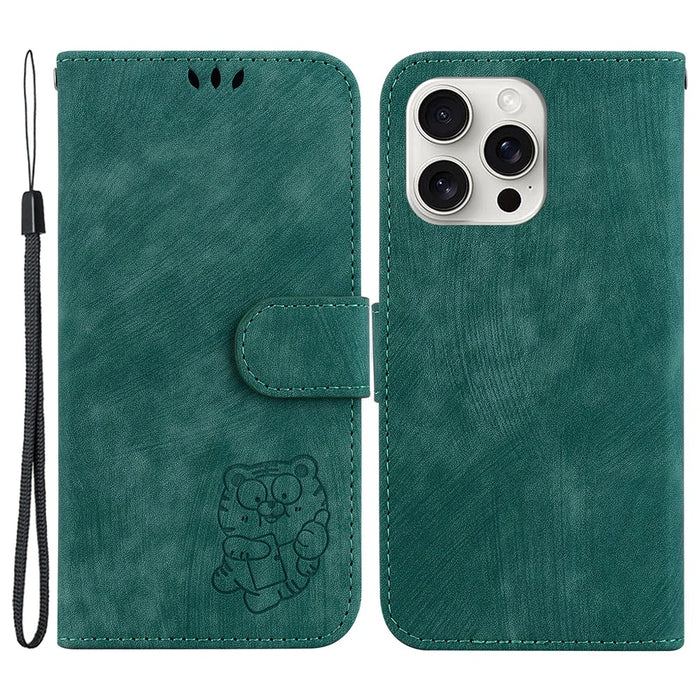 For iPhone 16 Pro Max Stand Case Cute Tiger Imprint Leather Wallet Phone Cover - Green - 1