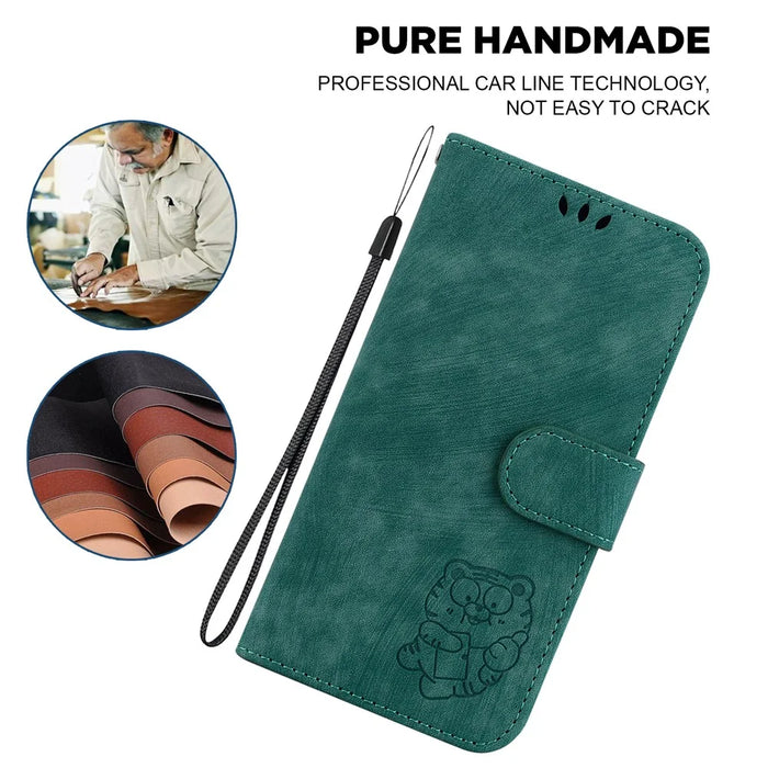 For iPhone 16 Pro Max Stand Case Cute Tiger Imprint Leather Wallet Phone Cover - Green - 4