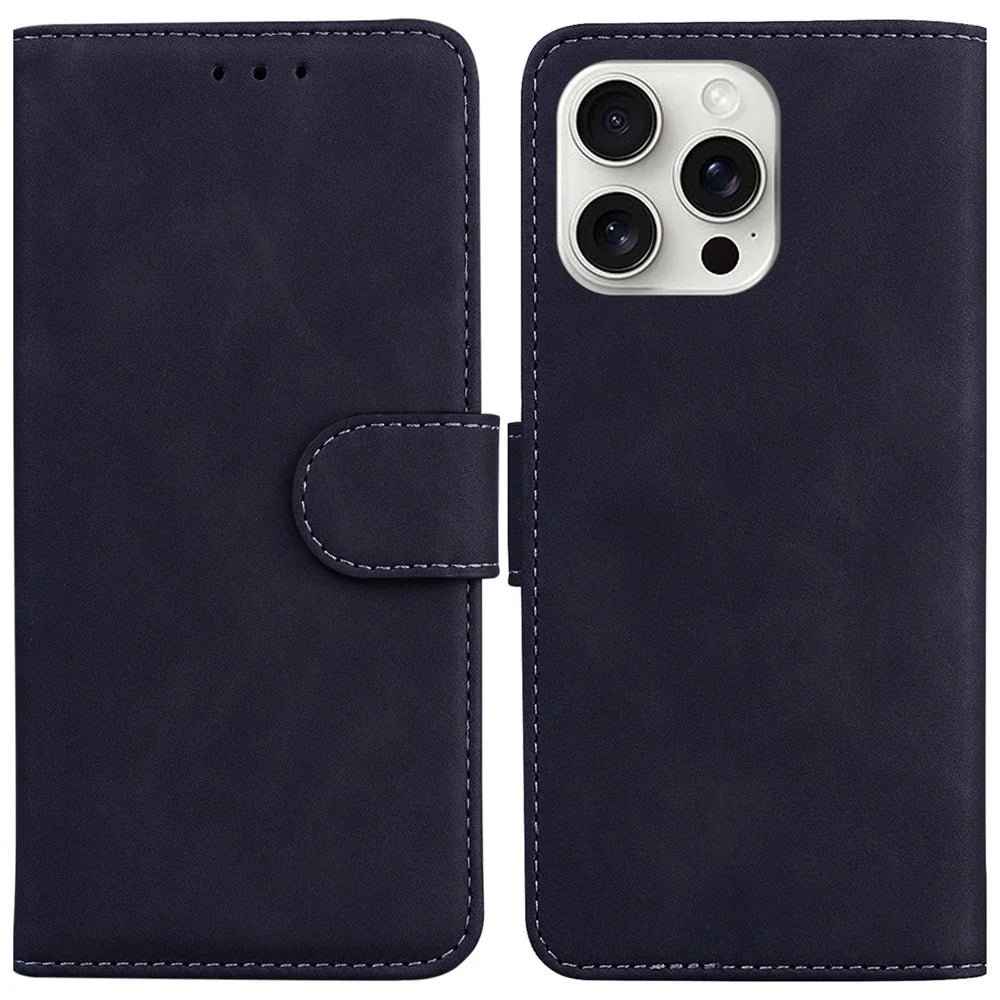 For iPhone 16 Pro Max Case Solid Color PU Leather Stand Phone Cover - Black - 1