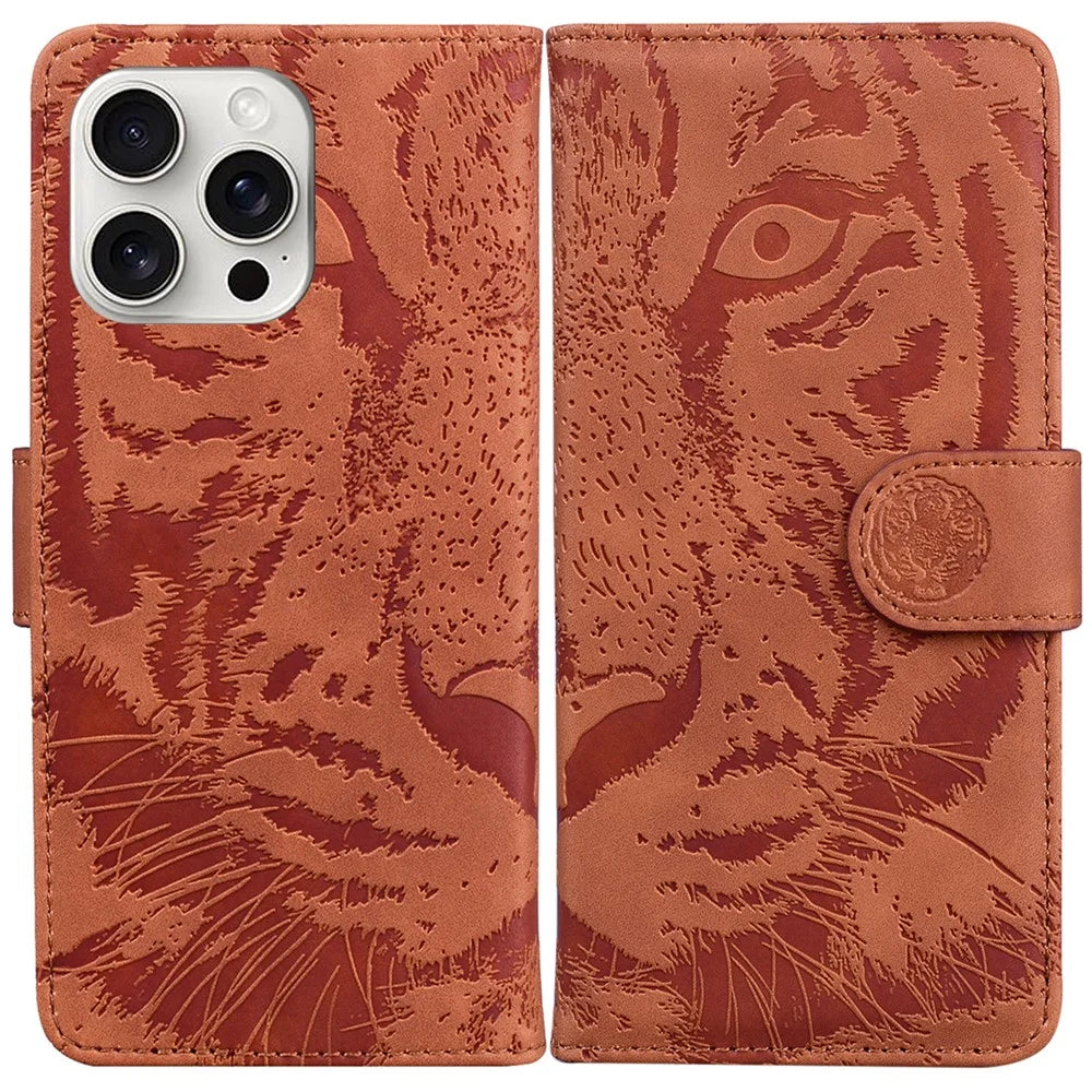 For iPhone 16 Pro Max Case Tiger Imprint Leather Shockproof Wallet Phone Cover - Brown - 1