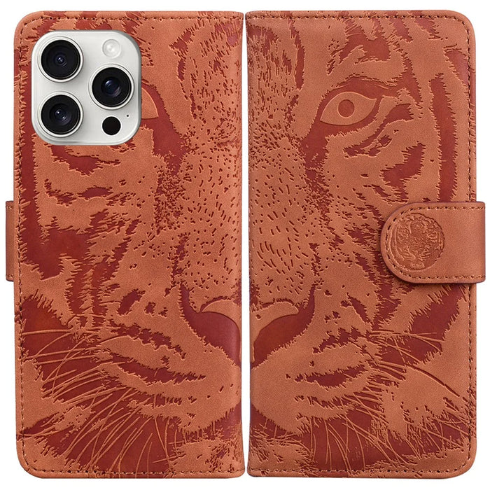 For iPhone 16 Pro Max Case Tiger Imprint Leather Shockproof Wallet Phone Cover - Brown - 1