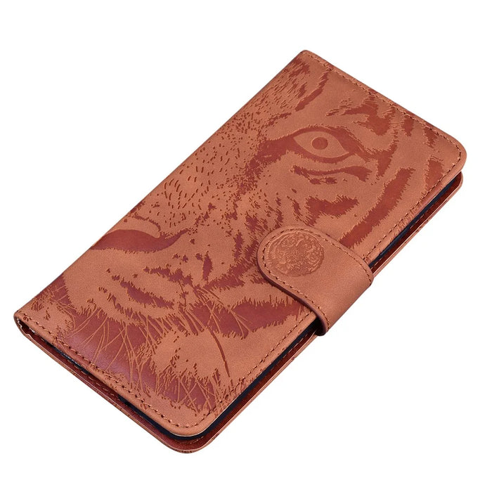 For iPhone 16 Pro Max Case Tiger Imprint Leather Shockproof Wallet Phone Cover - Brown - 4