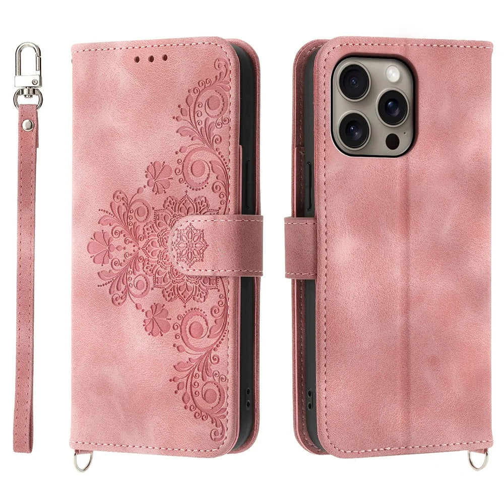 For iPhone 16 Pro Max Leather Case Multiple Card Slots Phone Cover with 2 Straps - Pink - 1