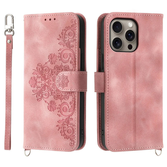 For iPhone 16 Pro Max Leather Case Multiple Card Slots Phone Cover with 2 Straps - Pink - 1