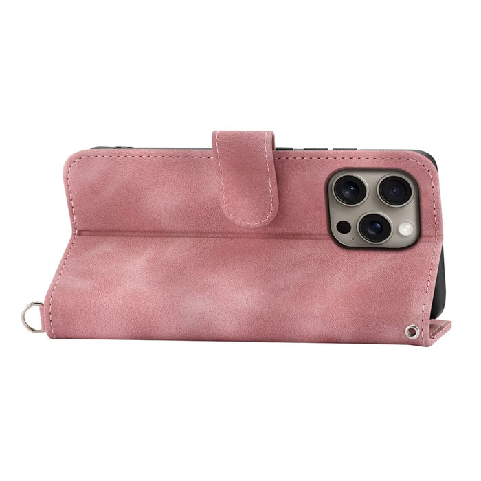 For iPhone 16 Pro Max Leather Case Multiple Card Slots Phone Cover with 2 Straps - Pink - 2