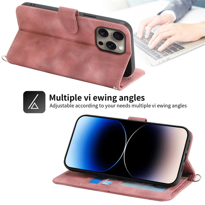 For iPhone 16 Pro Max Leather Case Multiple Card Slots Phone Cover with 2 Straps - Pink - 6