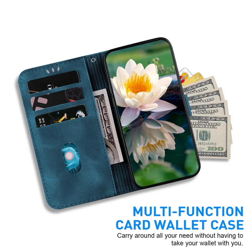 For iPhone 16 Pro Phone Case Lotus Imprint Leather Stand Wallet Cover - Blue - 2