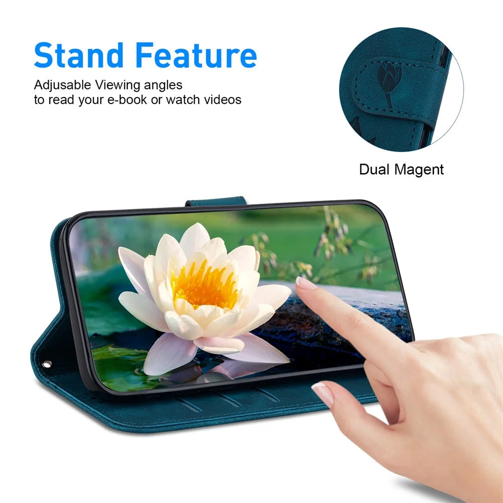 For iPhone 16 Pro Phone Case Lotus Imprint Leather Stand Wallet Cover - Blue - 3
