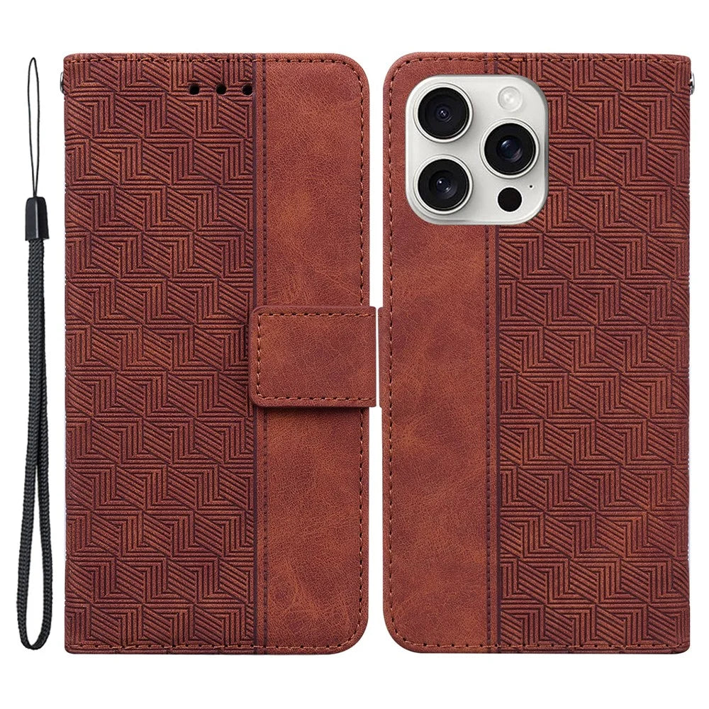 For iPhone 16 Pro Case PU Leather Geometry Imprint Wallet Phone Cover - Brown - 1