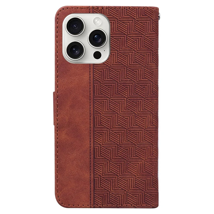 For iPhone 16 Pro Case PU Leather Geometry Imprint Wallet Phone Cover - Brown - 7