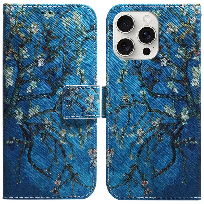 For iPhone 16 Pro Wallet Case Pattern Print Leather Phone Cover - Apricot Flowers - 1