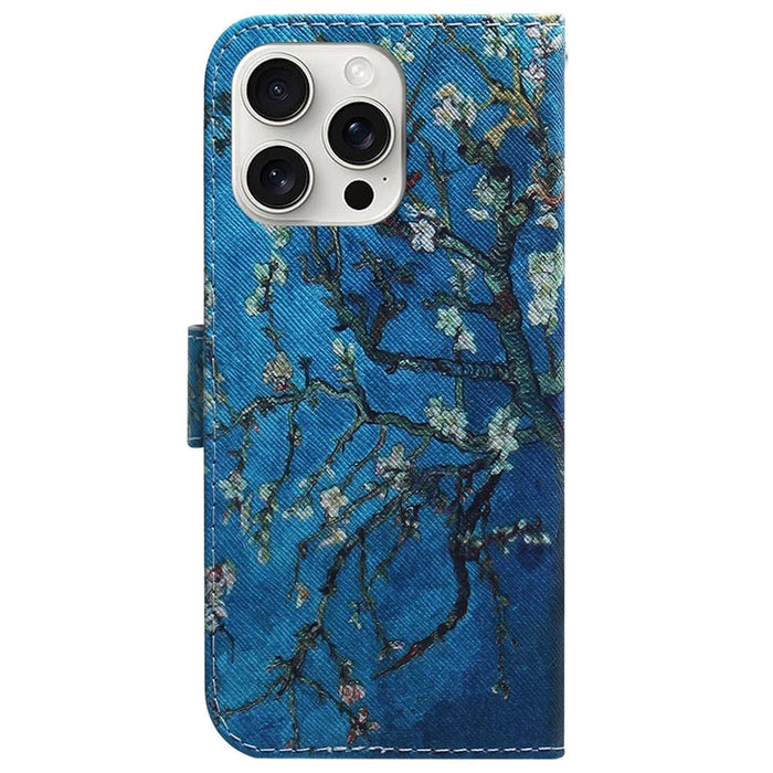 For iPhone 16 Pro Wallet Case Pattern Print Leather Phone Cover - Apricot Flowers - 7