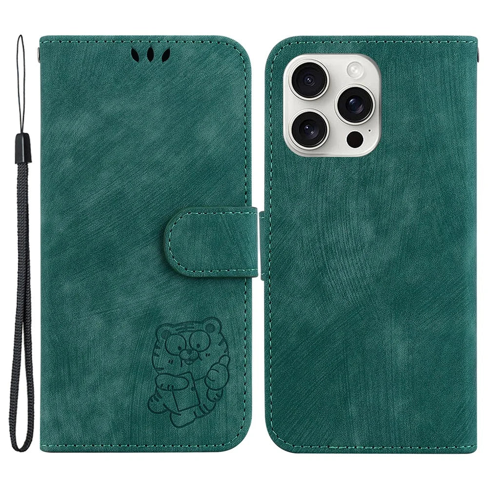 For iPhone 16 Pro Stand Case Cute Tiger Imprint Leather Wallet Phone Cover - Green - 1