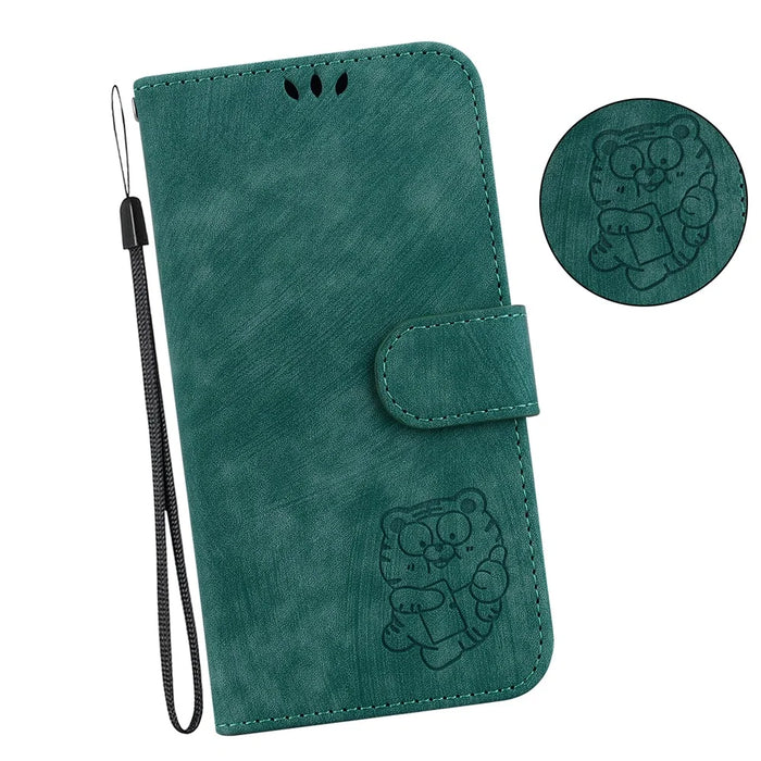 For iPhone 16 Pro Stand Case Cute Tiger Imprint Leather Wallet Phone Cover - Green - 5