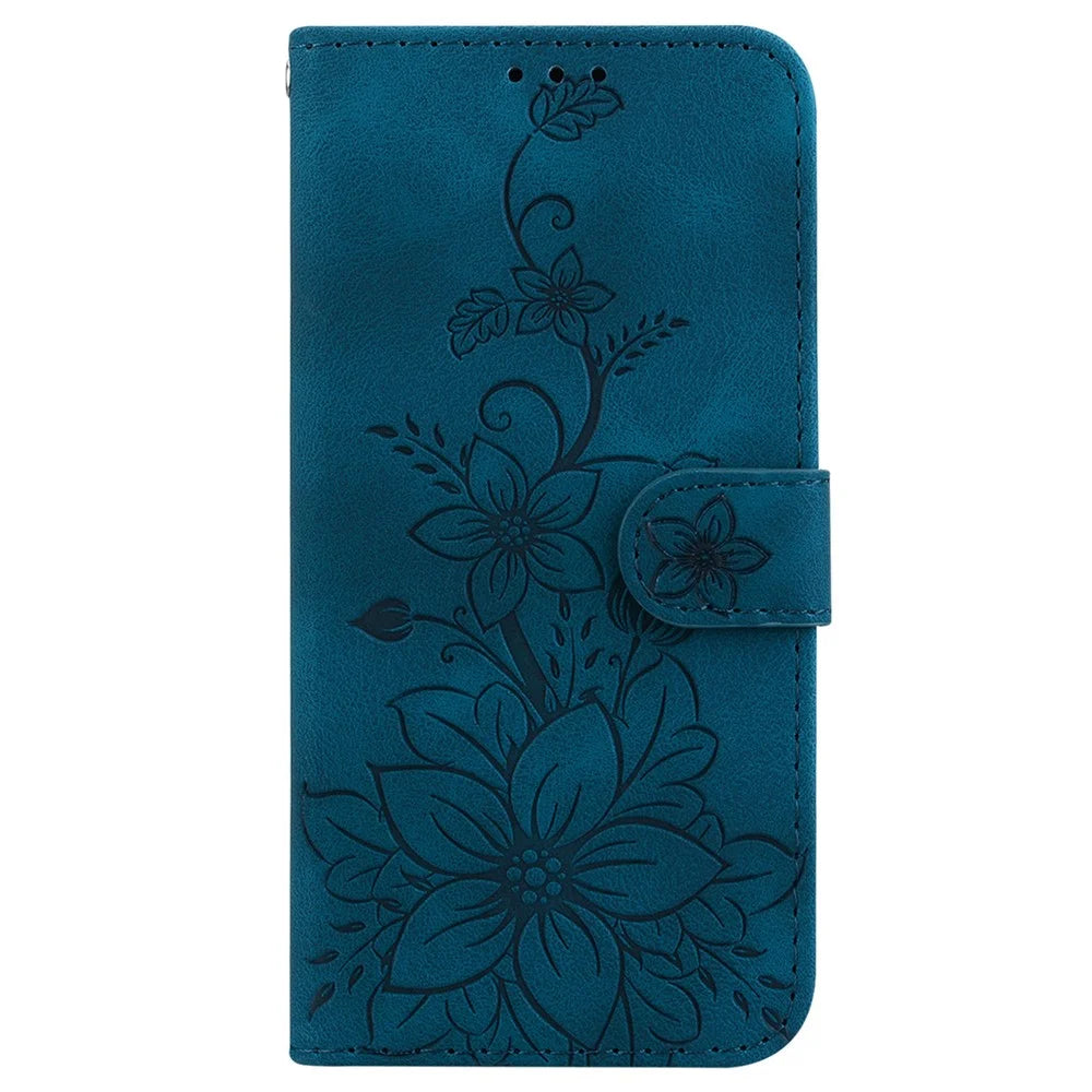 For iPhone 16 Pro Wallet Case PU Leather Phone Cover Flower Imprinted - Dark Blue - 6