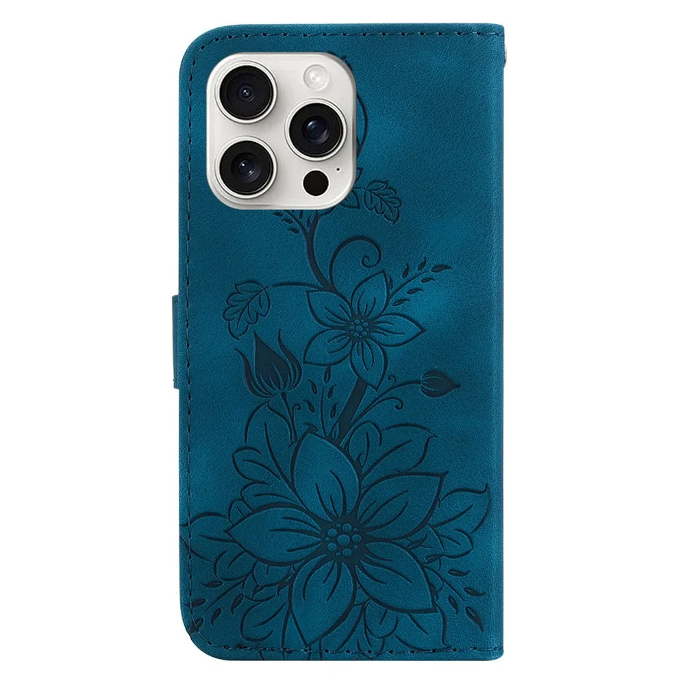 For iPhone 16 Pro Wallet Case PU Leather Phone Cover Flower Imprinted - Dark Blue - 7