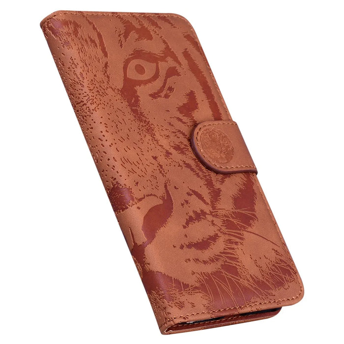 For iPhone 16 Pro Case Tiger Imprint Leather Shockproof Wallet Phone Cover - Brown - 5