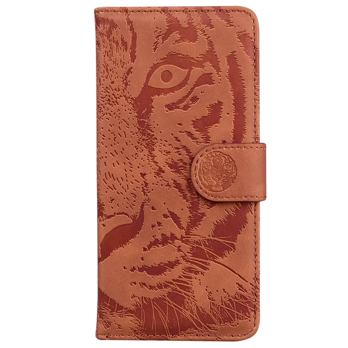 For iPhone 16 Pro Case Tiger Imprint Leather Shockproof Wallet Phone Cover - Brown - 6