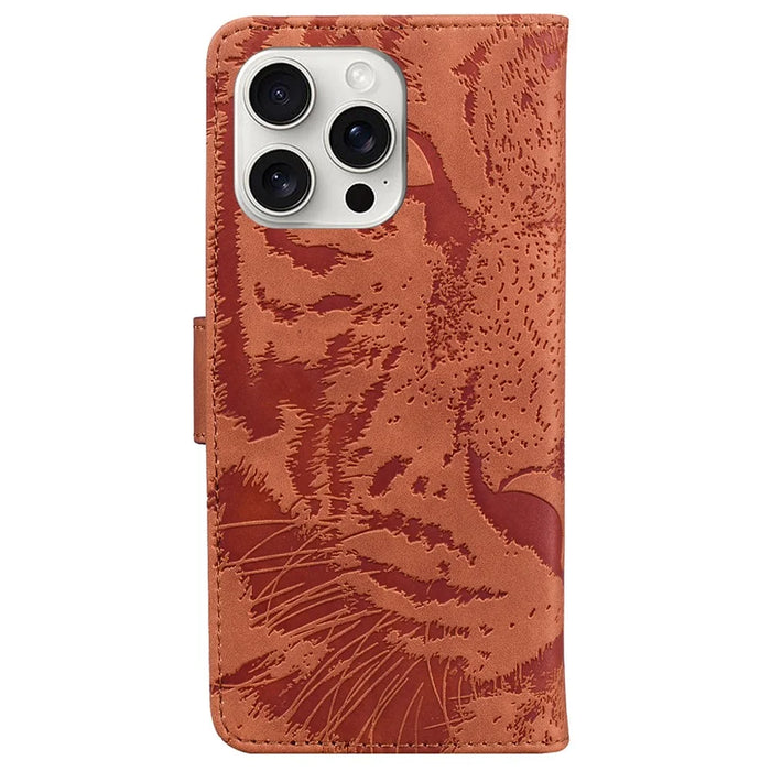 For iPhone 16 Pro Case Tiger Imprint Leather Shockproof Wallet Phone Cover - Brown - 7