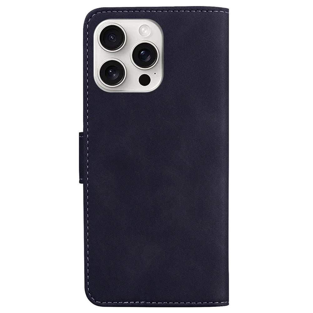 For iPhone 16 Pro Case Solid Color PU Leather Stand Phone Cover - Black - 7