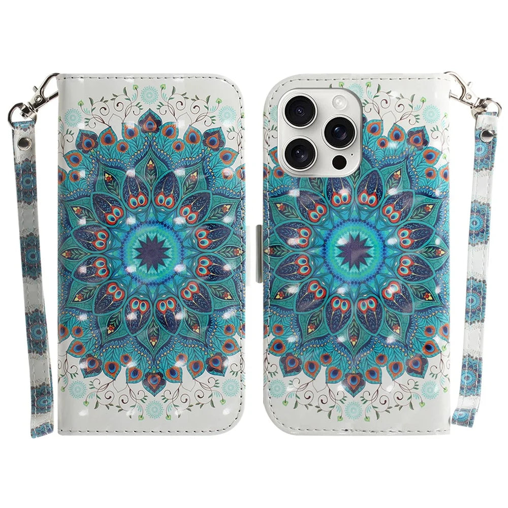 For iPhone 16 Pro Wallet Case 3D Pattern Print Leather Phone Cover - Peacock Wreath - 1