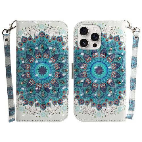 For iPhone 16 Pro Wallet Case 3D Pattern Print Leather Phone Cover - Peacock Wreath - 1