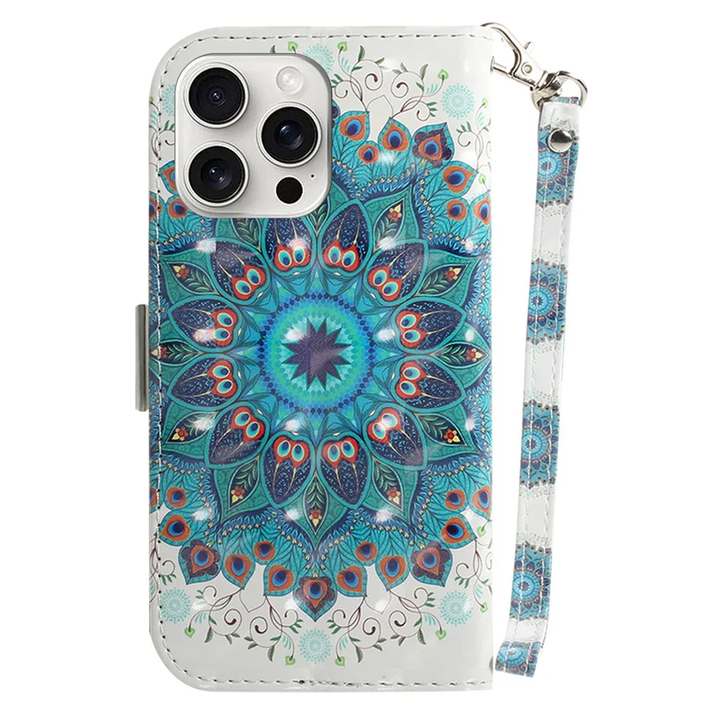 For iPhone 16 Pro Wallet Case 3D Pattern Print Leather Phone Cover - Peacock Wreath - 7