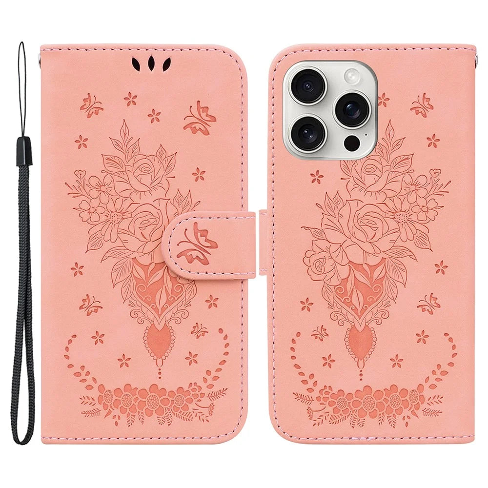 For iPhone 16 Pro Wallet Case PU Leather Phone Cover Butterfly Flower Imprint - Pink - 1
