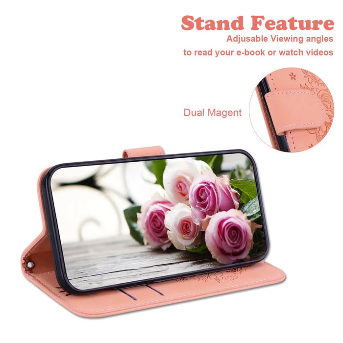 For iPhone 16 Pro Wallet Case PU Leather Phone Cover Butterfly Flower Imprint - Pink - 3