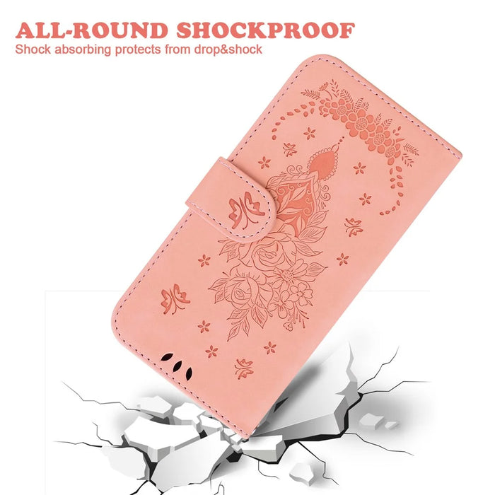 For iPhone 16 Pro Wallet Case PU Leather Phone Cover Butterfly Flower Imprint - Pink - 5