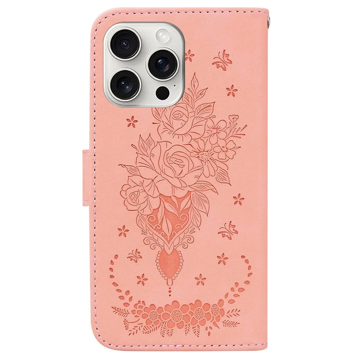 For iPhone 16 Pro Wallet Case PU Leather Phone Cover Butterfly Flower Imprint - Pink - 7