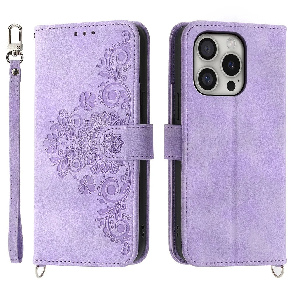 For iPhone 16 Pro Leather Case Multiple Card Slots Phone Cover with 2 Straps - Purple - 1