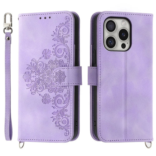 For iPhone 16 Pro Leather Case Multiple Card Slots Phone Cover with 2 Straps - Purple - 1