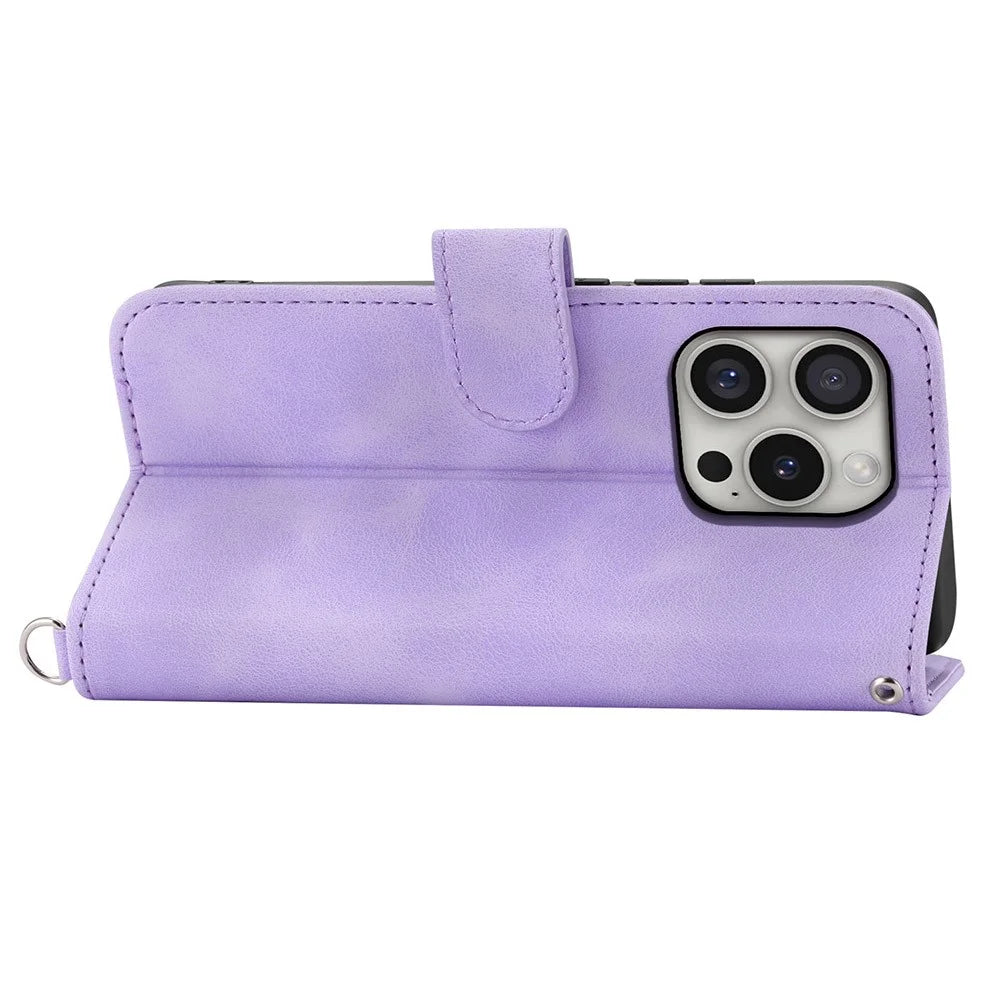 For iPhone 16 Pro Leather Case Multiple Card Slots Phone Cover with 2 Straps - Purple - 2