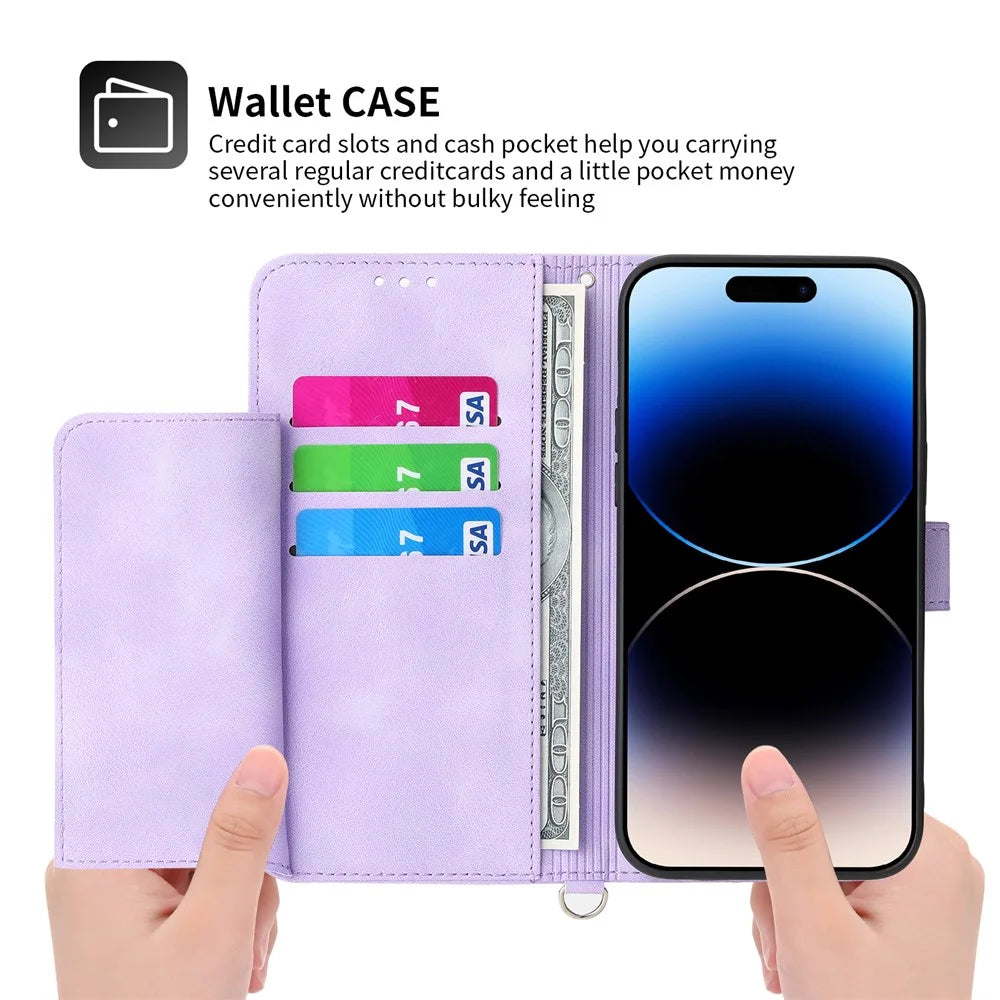 For iPhone 16 Pro Leather Case Multiple Card Slots Phone Cover with 2 Straps - Purple - 3
