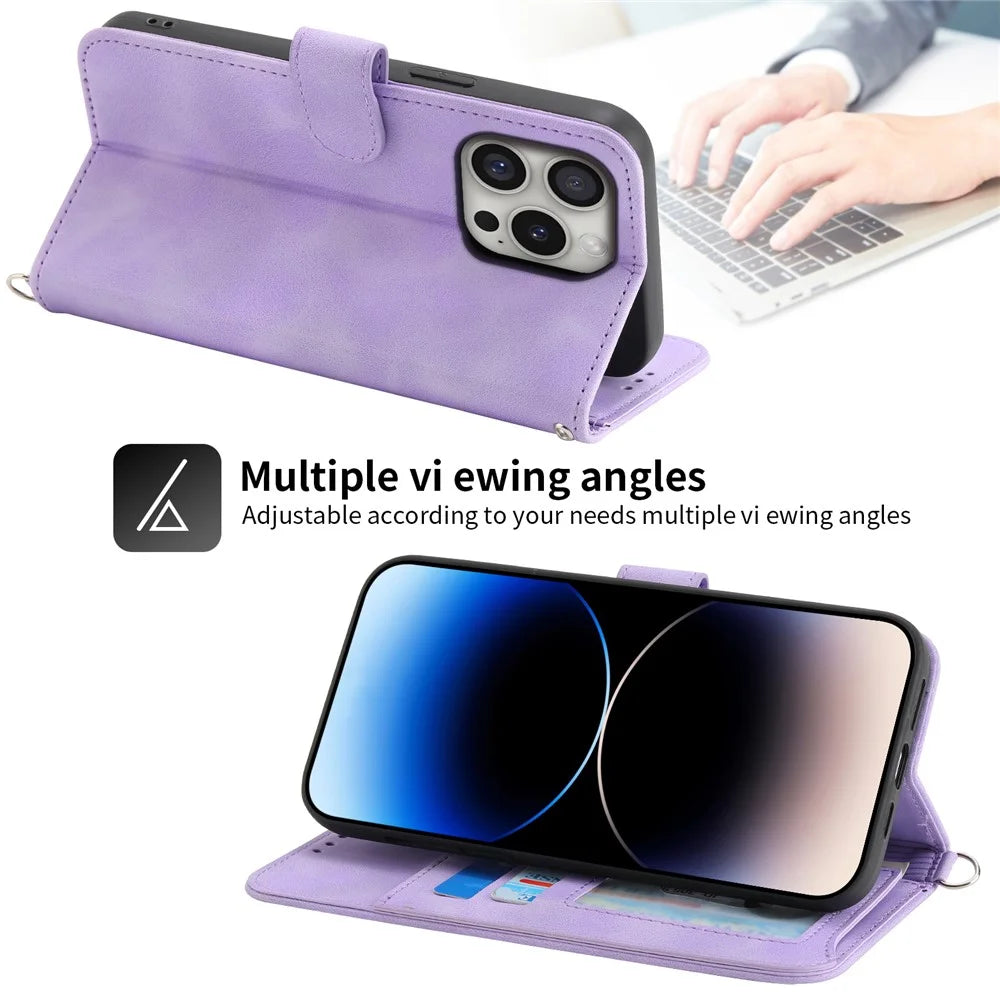 For iPhone 16 Pro Leather Case Multiple Card Slots Phone Cover with 2 Straps - Purple - 6