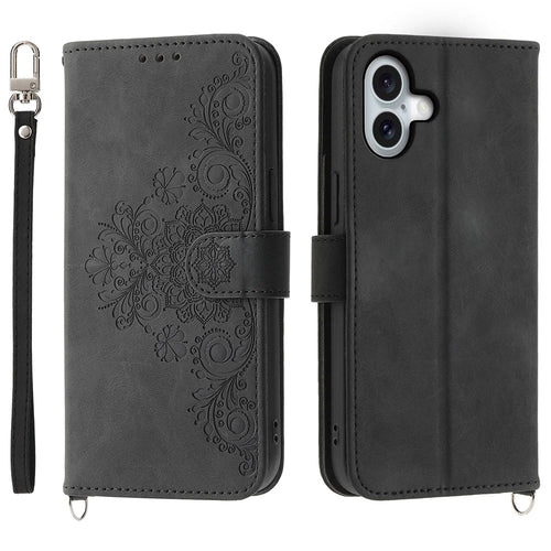 For iPhone 16 Plus Leather Case Multiple Card Slots Phone Cover with 2 Straps - Black - 1