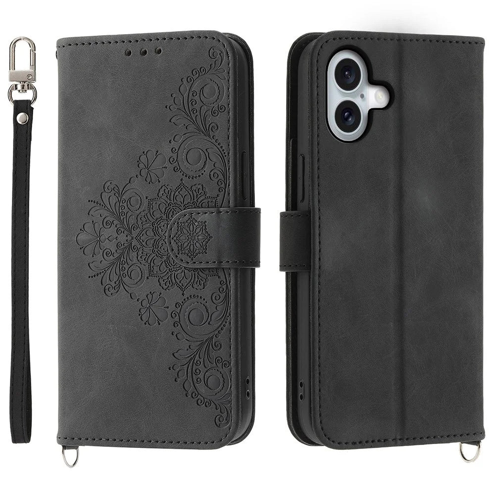 For iPhone 16 Plus Leather Case Multiple Card Slots Phone Cover with 2 Straps - Black - 1
