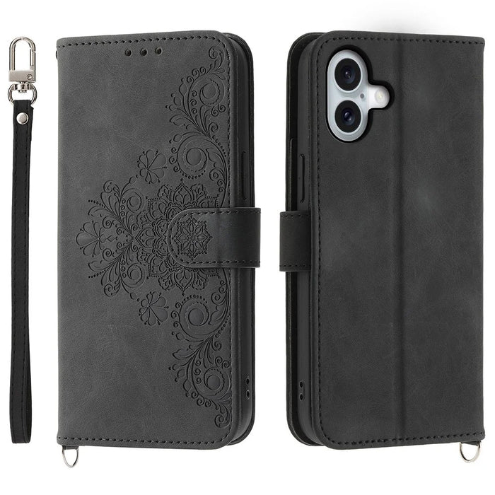 For iPhone 16 Plus Leather Case Multiple Card Slots Phone Cover with 2 Straps - Black - 1