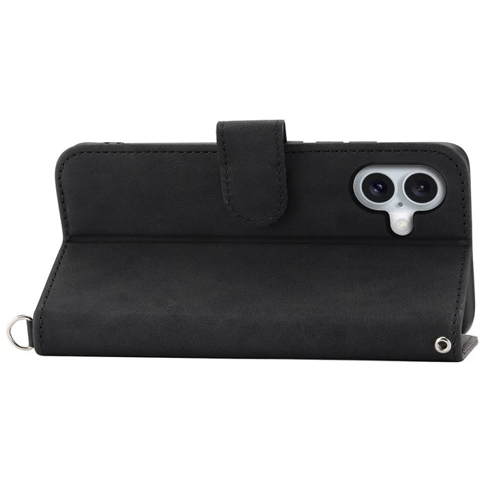 For iPhone 16 Plus Leather Case Multiple Card Slots Phone Cover with 2 Straps - Black - 2