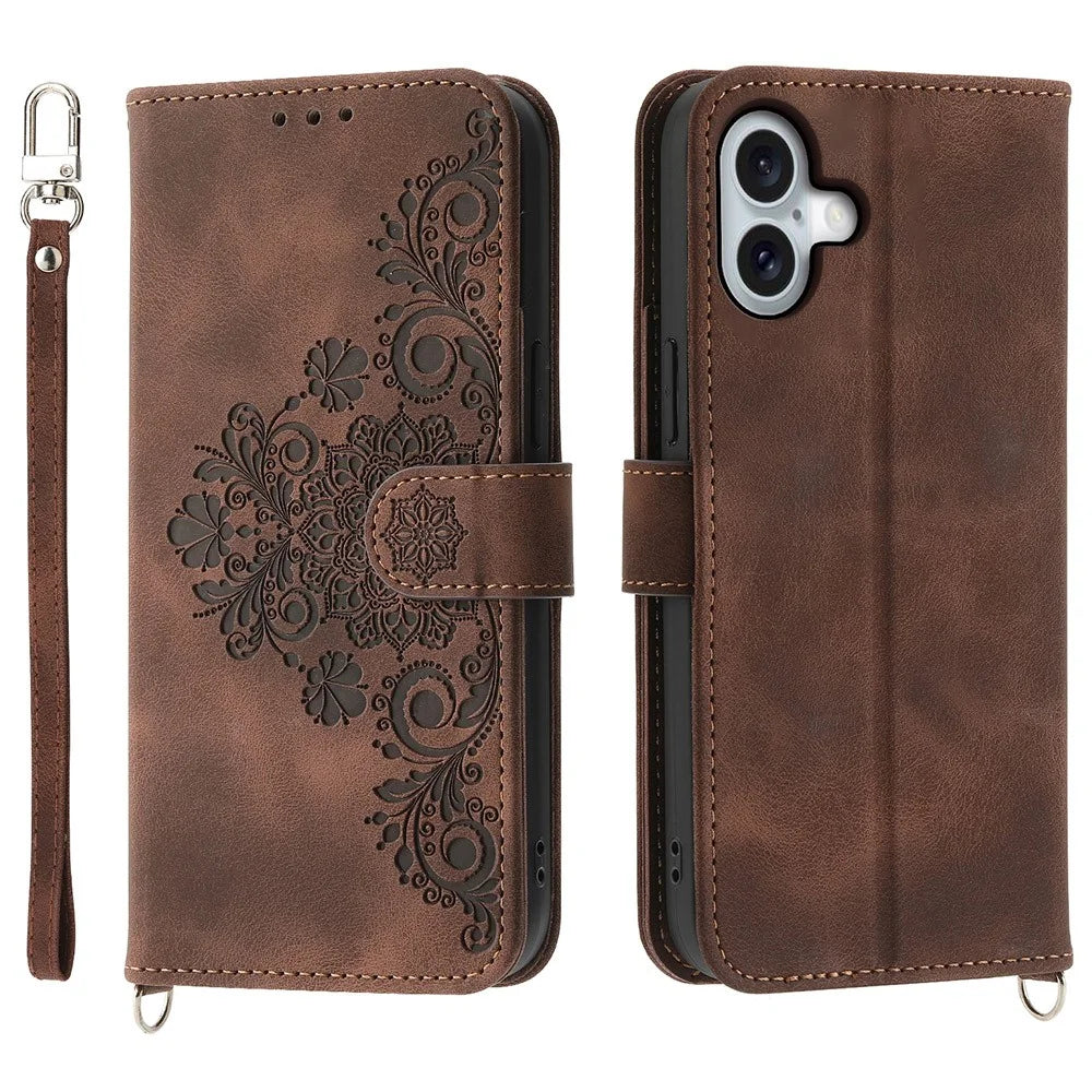 For iPhone 16 Leather Case Multiple Card Slots Phone Cover with 2 Straps - Brown - 1