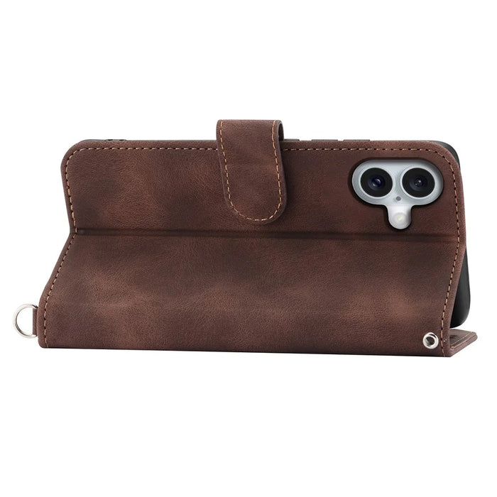 For iPhone 16 Leather Case Multiple Card Slots Phone Cover with 2 Straps - Brown - 2